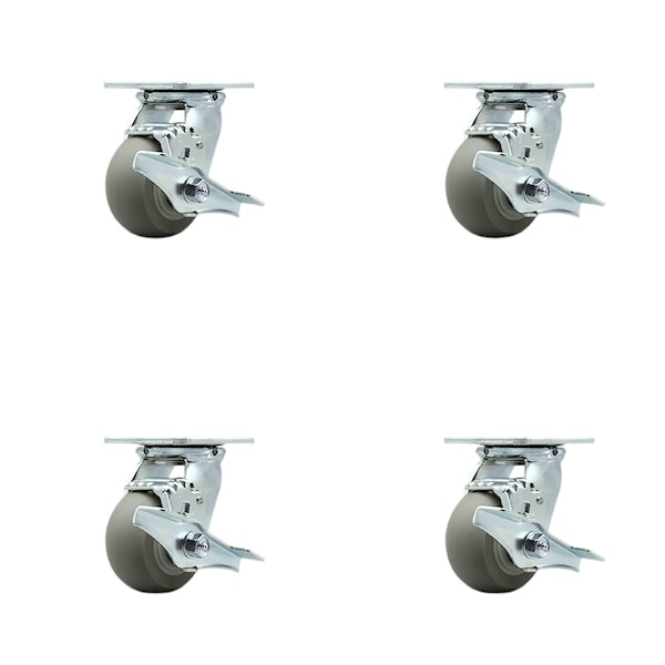 4 Inch Thermoplastic Rubber Swivel Caster Set with Ball Bearings and Brakes SCC